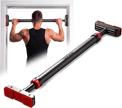 Produktbild von DH FitLife Klimmzugstange Türrahmen ohne Bohren, 72–92 cm, bis 200 kg, mit Wasserwaage, Doppelsicherung und Anti-Rutsch-Pads, Schwarz-Rot
