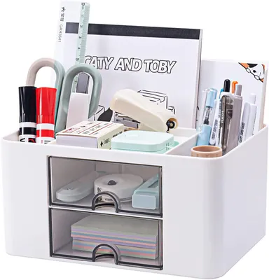 Imagen del producto de Organizador de escritorio con 5 compartimentos, 2 cajones, multifuncional, color , ideal para la cocina