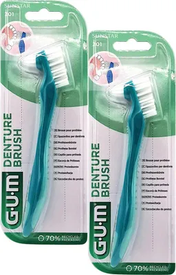 Produktbild von GUM Prothesenbürste, 2 Stück, mit harten Borsten für schwer zugängliche Stellen