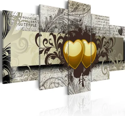 Image de Tableaux abstraits 200 x 100 cm Toile intissé Tableau 5 pièces Impression artistique moderne Tableaux muraux XXL Décoration murale Design Tableau mural - Cœur Ornement vintage jaune beige gris 020101-193