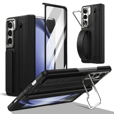 Produktbild von Schutzhülle für Samsung Galaxy Z Fold 5 mit Ständer, Scharnierschutz, Stylus & Handschlaufe, Stoßfestes PC Case Schwarz
