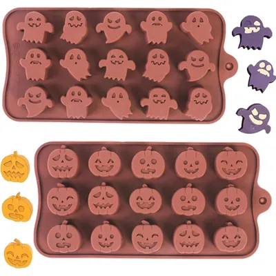 Productafbeelding van Siliconen mallen, Halloween, 2 stuks, 15 holtes, voor chocolade, pompoenen en spookjes