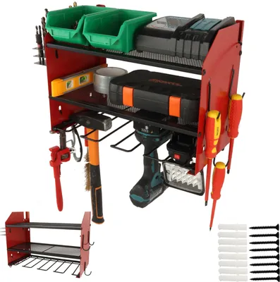 Produktbild von Wandhalterung für Elektrowerkzeuge Organizer (42 x 22 x 30 cm), Metall Wandregal zur Aufbewahrung, Akku-Bohrmaschinen, Bohrerhalter Werkzeugregal, Aufbewahrungs-Organizer für Garage und Werkstatt