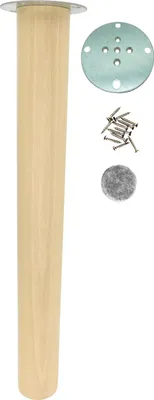A wooden furniture leg and its mounting hardware are displayed against a white background.