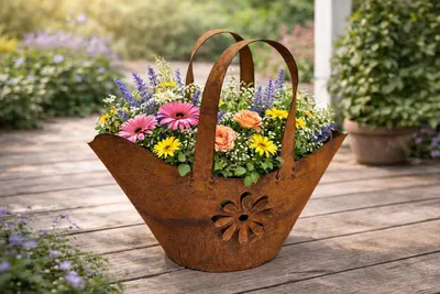 Produktbild von Tasche mit Blüte zum Bepflanzen Windlicht Beetdeko Metall Rost Gartendeko