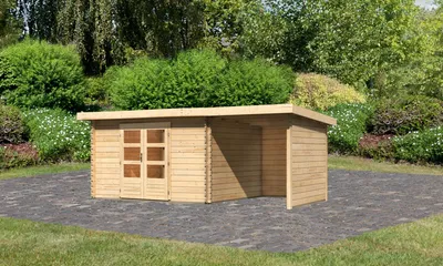 Produktbild von Gartenhaus Blockbohlenhaus Gerätehaus Bastrup 7 im Set mit Anbaudach 2 m breit, 28 mm Seiten - und Rückwand naturbelassen 539x297x222 cm
