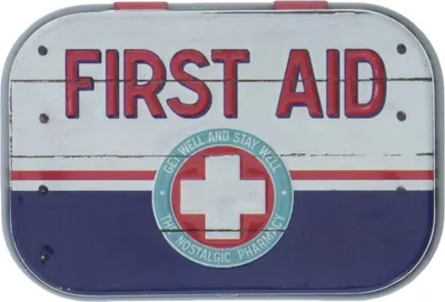 A close-up of a vintage-style first aid tin.