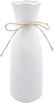 Productafbeelding van Kleine, witte keramische vaas, 21 cm hoog, met juteband, geschikt voor pampasgras