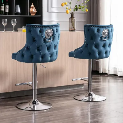 Productafbeelding van Barstoelen, fluweel, set van 2, in hoogte verstelbaar, met leeuwenkop-handgreep, blauw