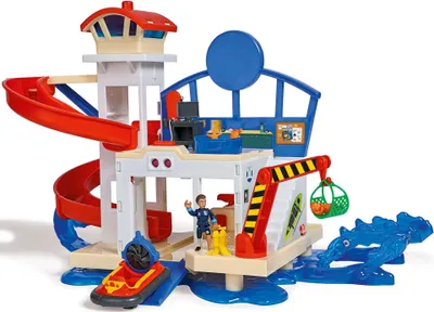 Produktbild von SIMBA Feuerwehrmann Sam Ocean Station Spielzeug, Mehrfarbig, Kunststoff, mit Licht- und Soundeffekten, Hubschrauberlandeplatz, Becken mit Meerestieren, Notrutsche, Kran mit Netz, Abschussvorrichtung für Luftkissenfahrzeuge, 2 Spielebenen, 55 x 35 cm, ab 3 Jahren, 2x R03 1.5V