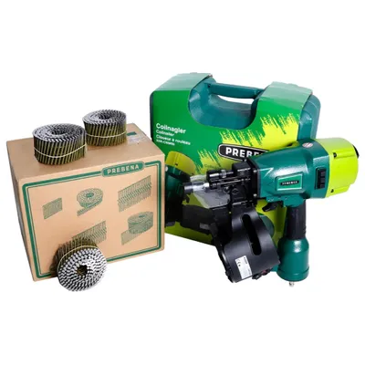 Produktbild von Prebena 8XR-CNW90 Coilnagler Druckluftnagler im Transportkoffer + Prebena CNW25 / 65BKRI Coilnägel Ringschaft 7200 Stück