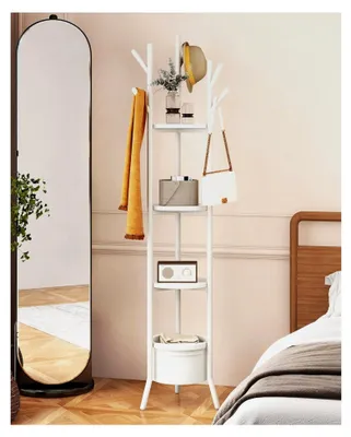 Produktbild von Garderobenständer, Freistehender Kleiderständer mit Ablageflächen, Flurgarderobe mit 3 Holzregalen und 1 Stoffkorb, Kleiderständer aus Metall für Schlafzimmer und Wohnzimmer in Weiß