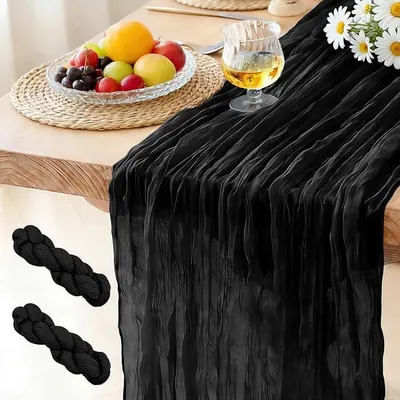 Produktbild von PolkaHome® (2 Stück) Käsetuch Tischläufer Schwarz 300 x 90 cm – Boho Gaze Tischdecke für Hochzeit, Geburtstag, Babyparty,
