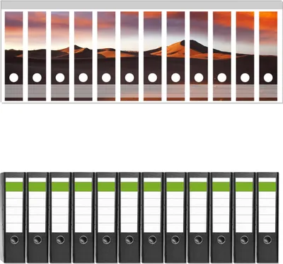 Produktbild von Wallario 12 Stück breite Ordner inkl. Klebeetiketten mit Motive Sahara Wüste II - Sanddünen im Sonnenuntergang -  Set mit Rückenschildern / Ordnerrücken Stickern