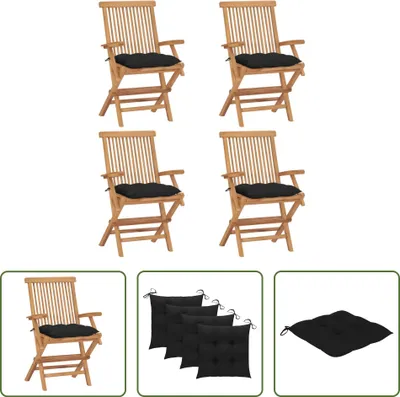 Produktbild von The Living Store Gartenstühle mit Schwarzen Kissen 4 Stk. Massivholz Teak