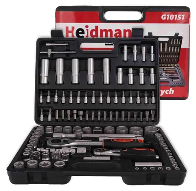 Immagine prodotto di Valigetta utensili professionale 108 pezzi, serie di chiavi a bussola, torx, cricchetti, prolunghe, kit attrezzi per auto, officina fai-da-te con attacchi 1/2" e 1/4", Cr-V Heidmann