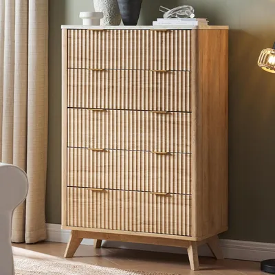 Immagine prodotto di Comò con 5 cassetti, finitura effetto marmo in legno di quercia naturale, dimensioni 81x41x122 cm