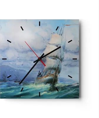Produktbild von Wanduhr - Quadrat - Glasuhr - Meer Segelschiff - 30x30cm - Schleichendes Uhrwerk - Lautlos - zum Aufhängen bereit - Dekoration Modern - Wanddekoration aus Glas - C3AC30x30-3782