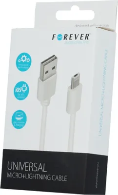 Image de Forever 2 in 1 : Câble de charge universel Micro-USB & Lightning Câble de données Câble chargeur pour iPhone, Samsung Huawei, LG, etc Android/iOS 1 mètre 2A en blanc