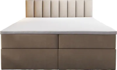 A bed with a headboard, mattress, and topper, presented against a white background.