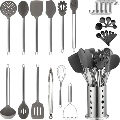 Produktbild von 38-teiliges Kochgeschirr-Set mit Antihaftbeschichtung - Silikon-Kochutensilien - Edelstahl-Besteckhalter - Spülmaschinenfest