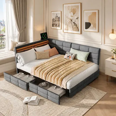 Produktbild von INONEFT Polsterbett 140 × 190 cm mit L-förmigem Kopfteil, Jugendbetten mit Lattenrost, Doppelbett mit 2 Schubladen, mit USB und LED, Leinen, Grau, KI-generiertes Bild