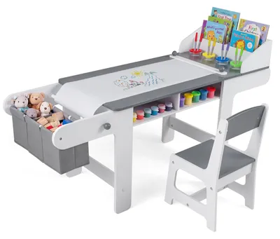 Produktbild von COSTWAY Kindertisch mit Stuhl, Papierrolle & 4 Farbbechern, Kindersitzgruppe, Maltisch mit 2 Schubladen, 2 Fächern & Stoffboxen für Kinder ab 3+, Grau