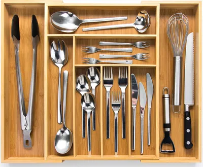 Produktbild von Budu Besteckkasten #43 (43 cm) aus Bambus - Ausziehbar - Schubladen Ordnungssystem für die Küche - Besteckeinsatz für Schubladen aus Bambus
