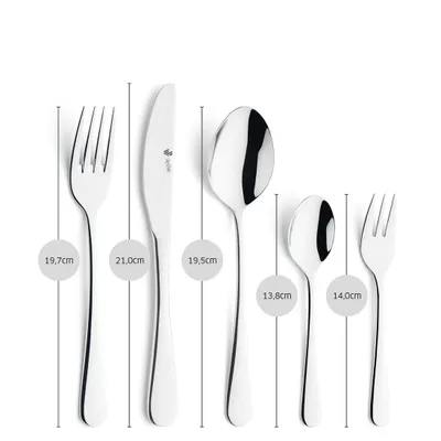 A set of cutlery with size measurements indicated.