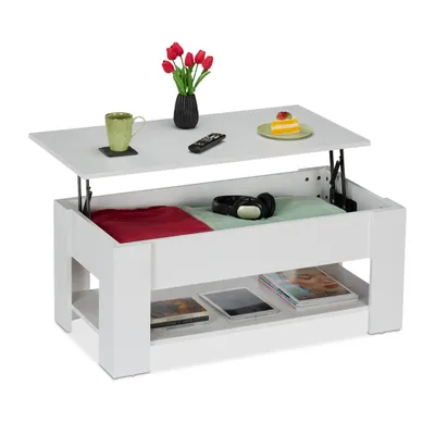 Produktbild von Relaxdays Couchtisch aufklappbar, HBT: 42x98x50 cm, Wohnzimmertisch mit Stauraum, zusätzliche Ablagefläche, modern, weiß