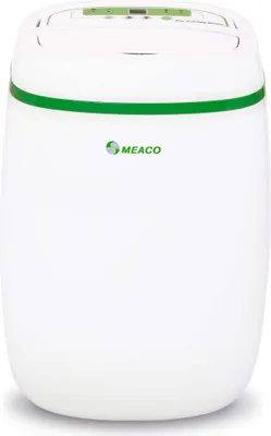 A white dehumidifier with a green accent band and logo.
