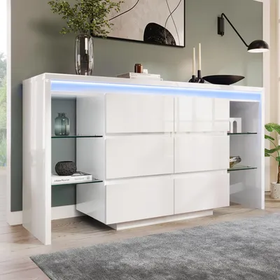 Produktbild von okwish Weiß Hochglanz Kommode mit Glasablagen und LED, Multifunktional Sideboard mit 6 Schubladen, Viel Stauraum,Für Wohnzimmer