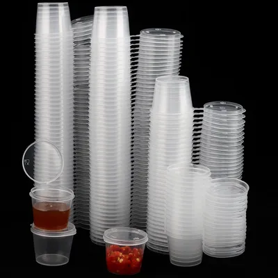 Immagine prodotto di Contenitori per salse, 200 pezzi - Contenitori rotondi trasparenti - Coperchi a cerniera - Mini-contenitori in plastica - Contenitori per alimenti - Realizzati in materiale PP resistente