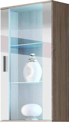 Produktbild von Furniture24 Hängevitrine SOHO Hängeschrank Wandvitrine mit Blauer LED Beleuchtung Sonoma/Weiß Hochglanz