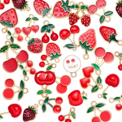 Frucht-Anhänger für Schmuck, 30 Stück, Emaille, Rot, Legierung