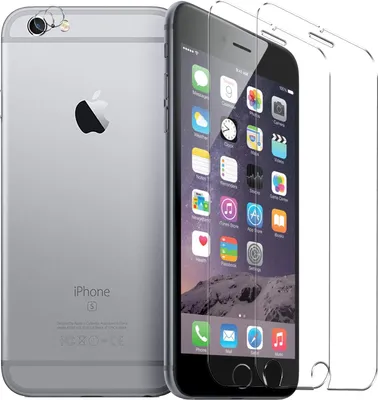 A silver iPhone 6 Plus/6s Plus is shown from the back and the front, with screen protectors laid out next to it.