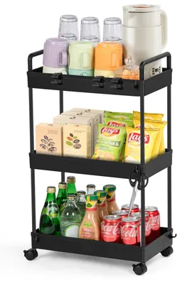Küchenwagen mit 3 Ebenen, Schwarz, 38,8x21,5x65 cm
