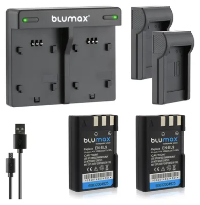 Produktbild von 2x Akku + Lader für Nikon EN-EL9  DSLR D40 D60 D3000 D5000 1000 mAh (7,2V)