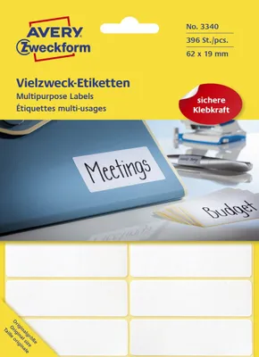 Image de Avery Zweckform® 3340 3340 Étiquettes universelles, 62 x 19 mm, 28 feuilles/392 étiquettes, blanc