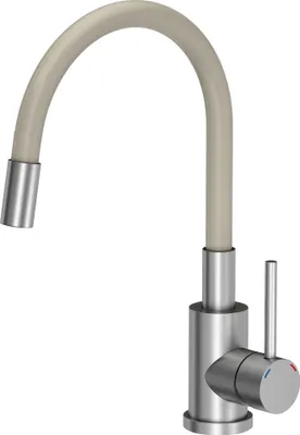 A modern kitchen faucet with a flexible beige hose and a silver base and handle.