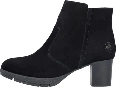 A black ankle boot with a block heel is shown against a white background.