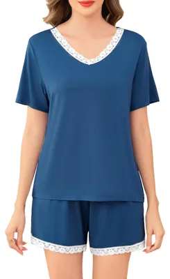 Image de Ensemble de pyjama pour femmes, à manches courtes et col en V