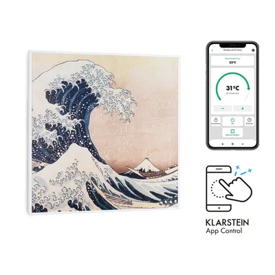 A Japanese wave artwork is shown next to a smartphone displaying a heating app and a graphic indicating app control. The artwork appears to be printed on a panel, likely the product itself.