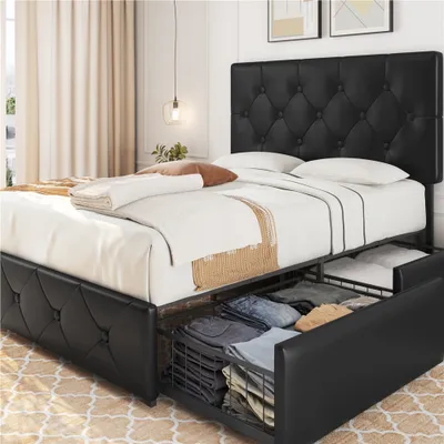 Produktbild von Yaheetech Polsterbett Doppelbett aus Kunstleder mit 4 Schubladen & höhenverstellbarem Kopfteil, 140 x 200 cm Schwarz