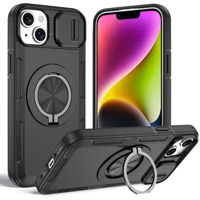 Produktbild von Magnetische Hülle für iPhone 13 /iPhone 14, Militär Stoßfest Handyhülle mit Kameraschutz und Ringhalter Ständer Schwarz