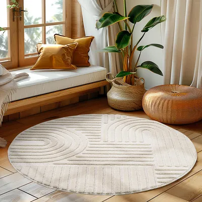 Produktbild von Homebyhome Hochflor Teppich Wohnzimmer Skandinavische Boho Design 3D Optik Teppich Shaggy Flauschig Weich, Grösse: 120 cm Rund