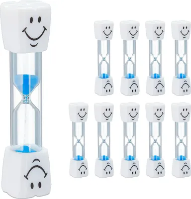 Image de Relaxdays Sablier pour le brossage des dents, lot de 10, sablier pour enfants, minuteur de brossage de 3 minutes, silencieux, verre/sable, blanc-bleu