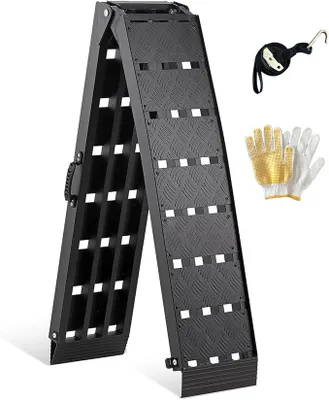 Image de Rampes pliables, durables, capacité de 340 kg. Rampe de chargement en aluminium, dimensions 228 x 28 x 4,5 cm. Adaptée pour chargement de remorques, motos, voitures, fauteuils roulants, vélos et automobiles