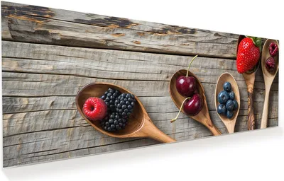 Produktbild von Glasbild 125x50cm in XXL für Wohnzimmer, Schlafzimmer Motiv Holzlöffel mit Beeren