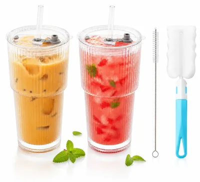 Imagen del producto de Vaso de vidrio con tapa y pajita, con doble pared y resistente al calor